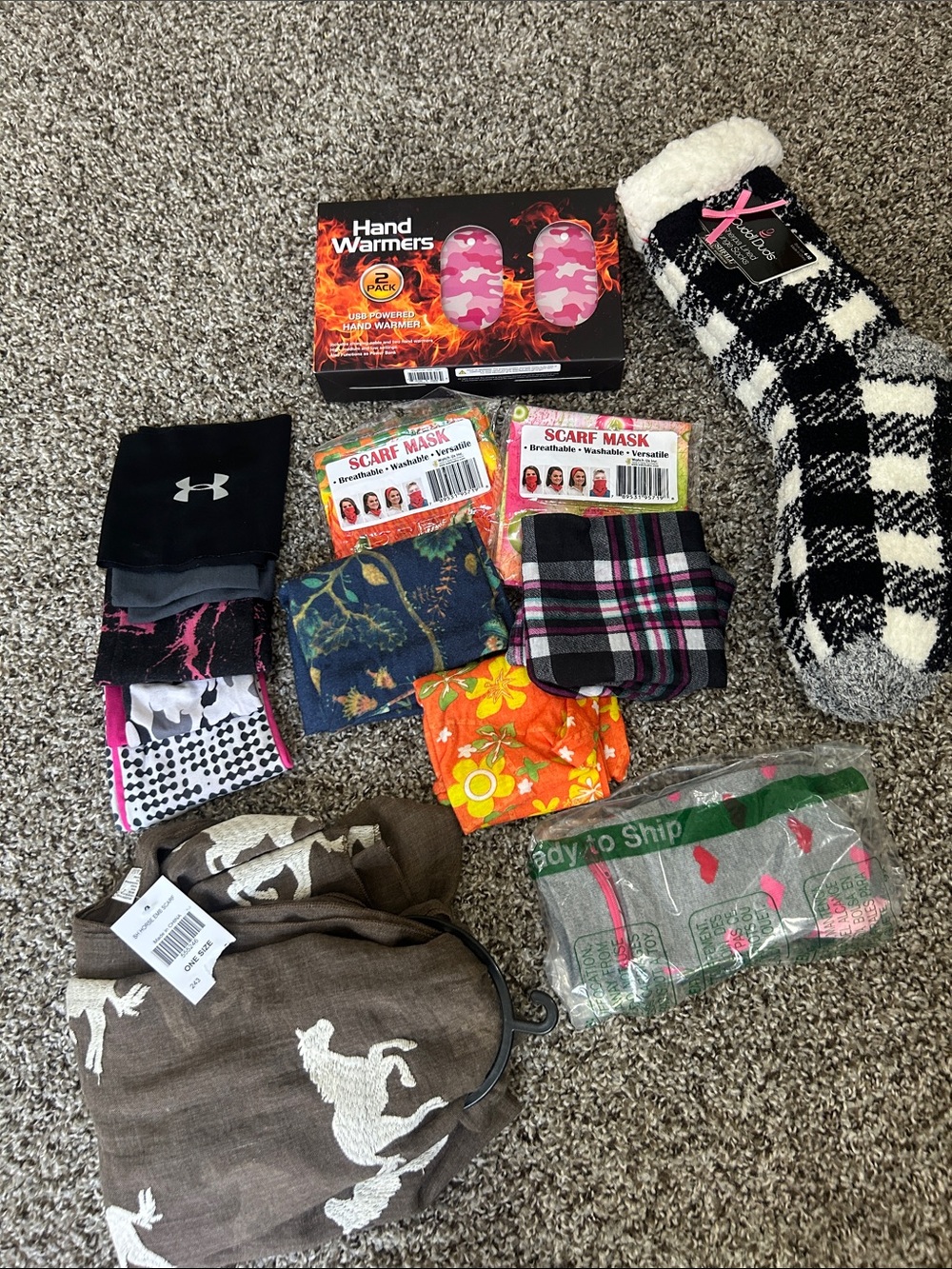 Assorted headbands, scarfs, socks and hand warmer bundle